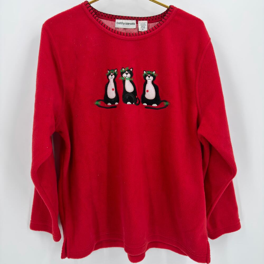 Cathy Daniels Fleece Cat Pullover Sweater Y2K Vintage Womens XL Red Christmas